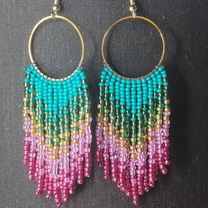 Beaded Hoop Earrings with Pink and Teal Accents
